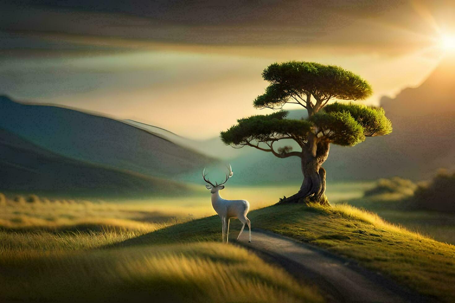 a deer stands in the middle of a field with a tree. AI-Generated photo