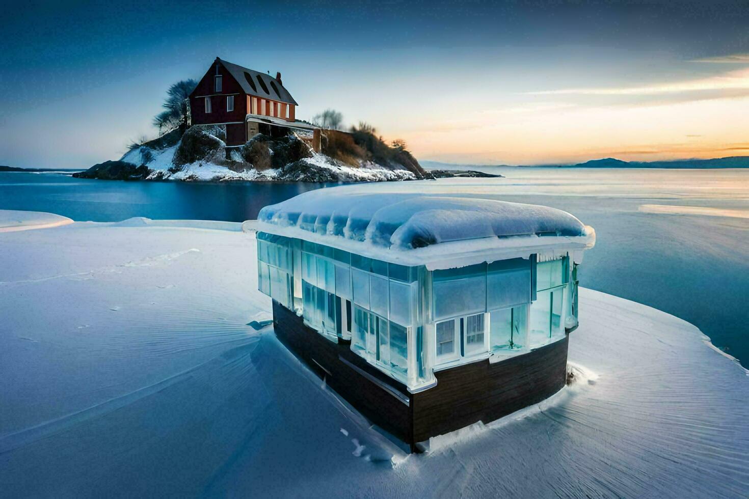 a house on the water with a snow covered island in the background. AI-Generated photo