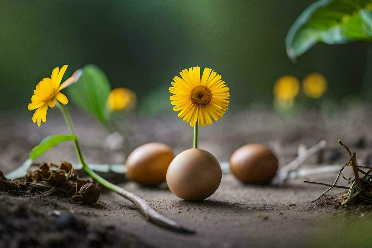 huevos y flores en el suciedad. generado por ai foto