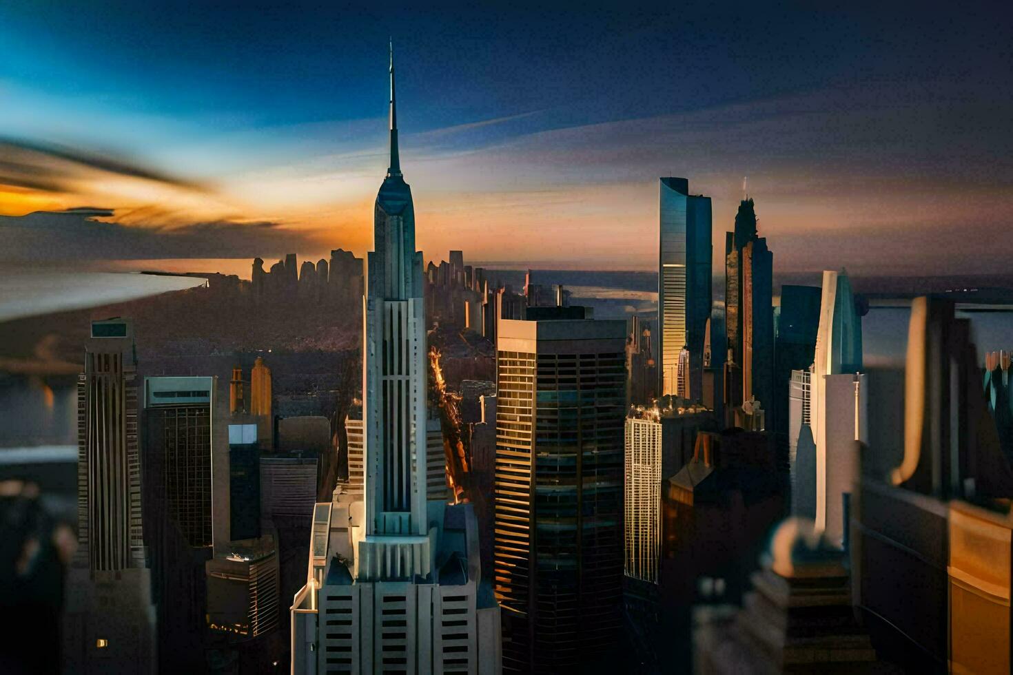 the city skyline at sunset with the empire state building in the background. AI-Generated photo