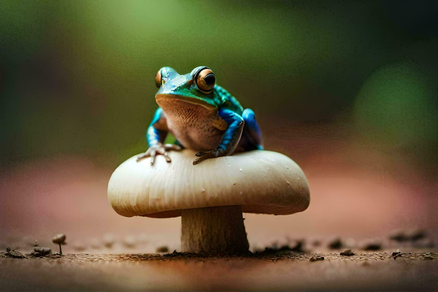 a frog sitting on top of a mushroom. AI-Generated photo