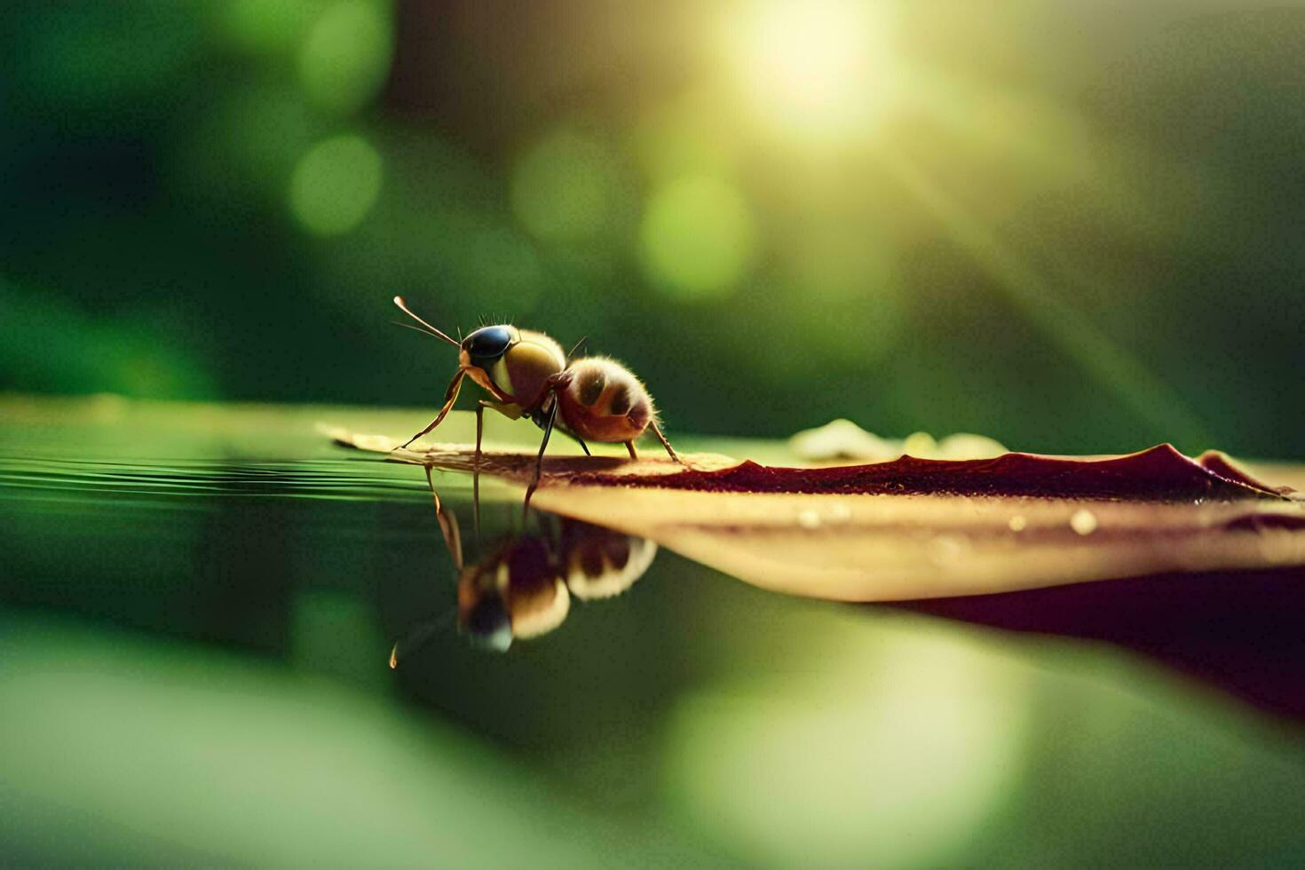 a bee on a leaf in the water. AI-Generated photo