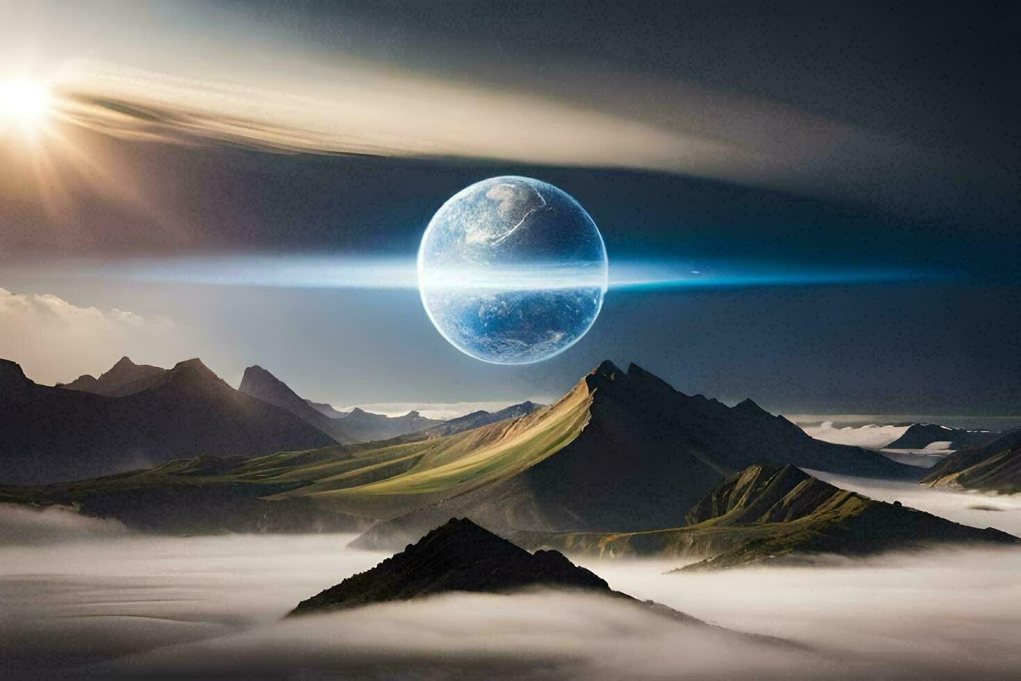 the earth is seen in the distance over a mountain range. AI-Generated photo