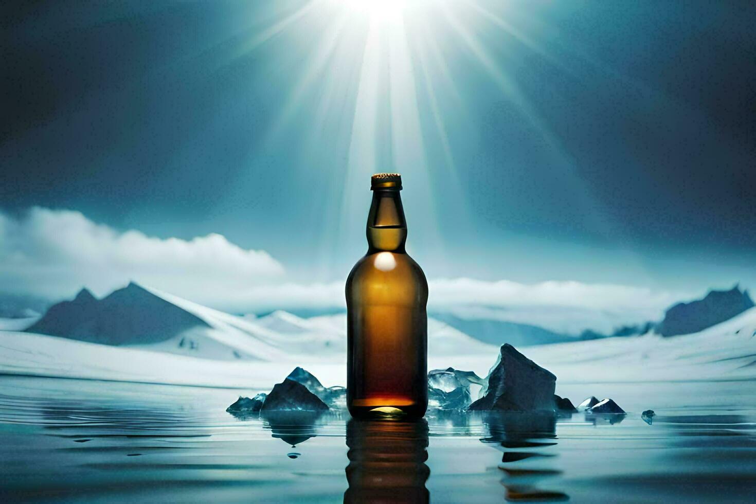 a bottle of beer sits on the water with snow and mountains in the background. AI-Generated photo