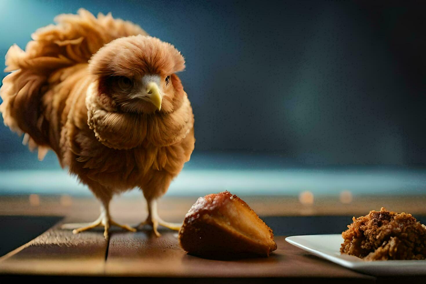 a chicken is standing next to a plate of food. AI-Generated photo