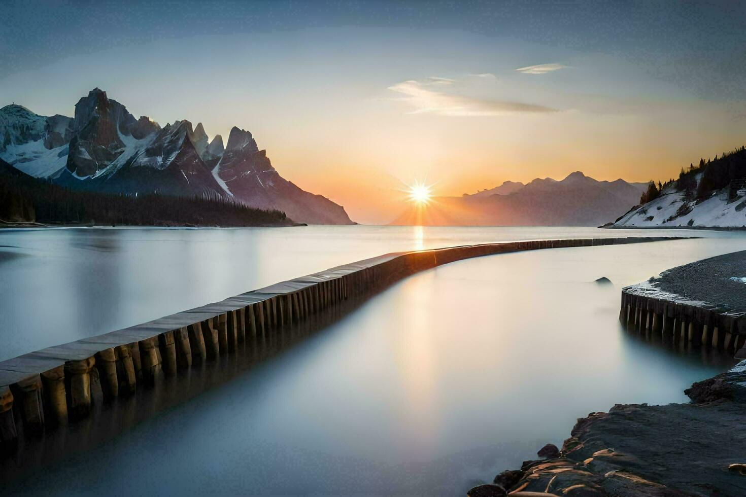 the sun rises over a lake and mountains. AI-Generated photo