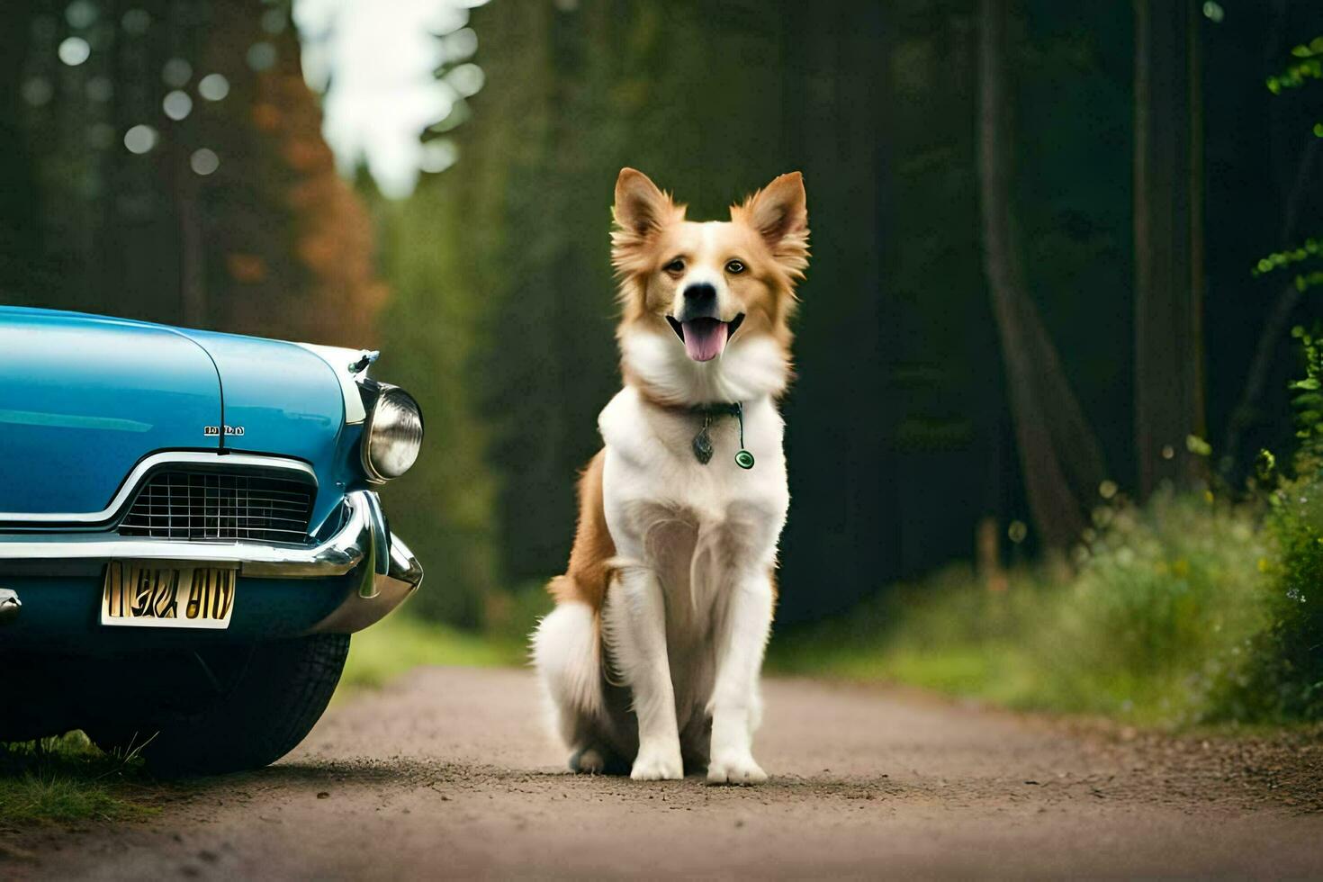 a dog sitting on the side of a car in the woods. AI-Generated photo