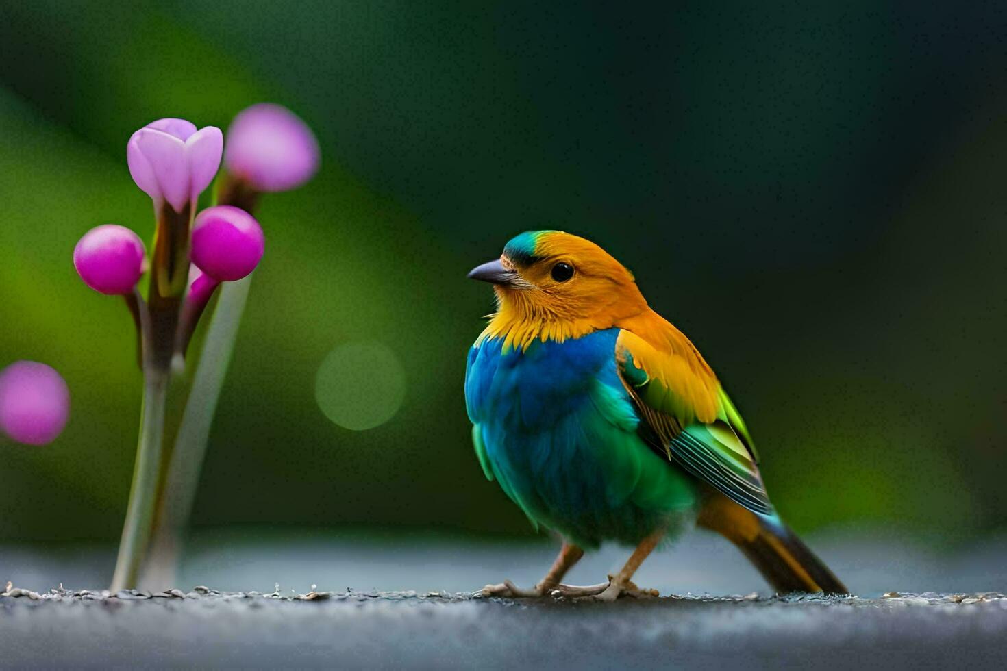 a colorful bird is standing on the ground near pink flowers. AI-Generated photo