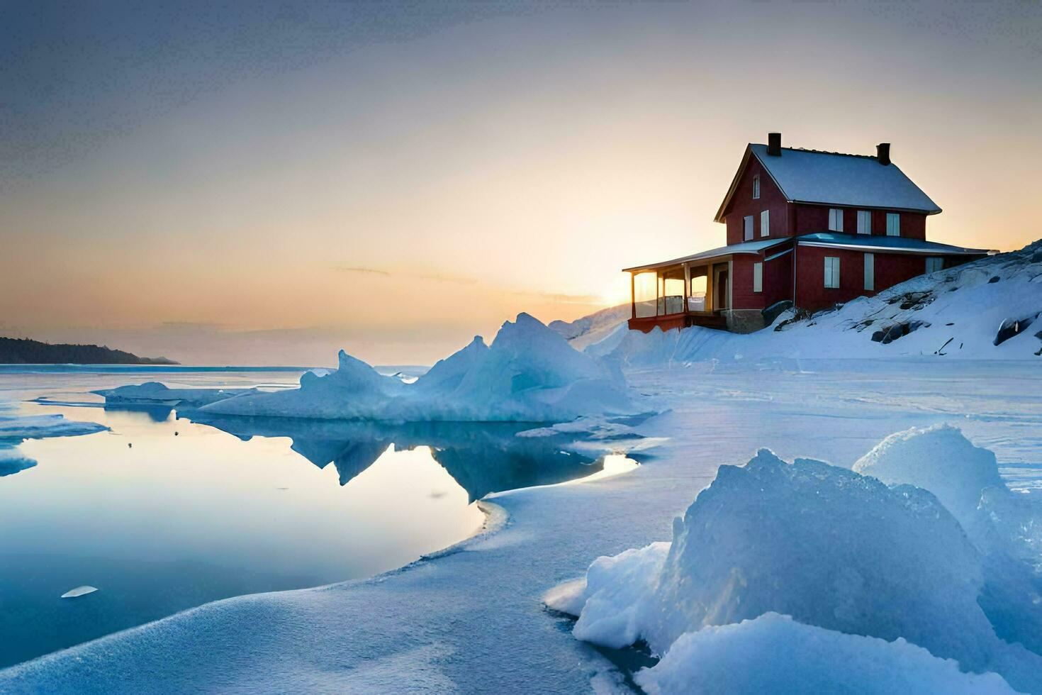 un rojo casa se sienta en parte superior de un hielo témpano de hielo. generado por ai foto