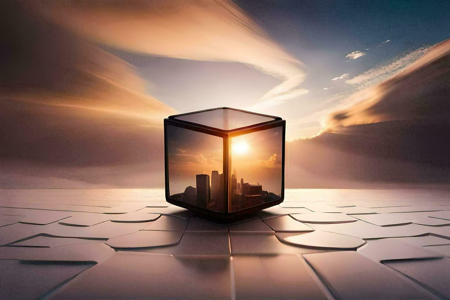 a cube with a city inside of it. AI-Generated photo