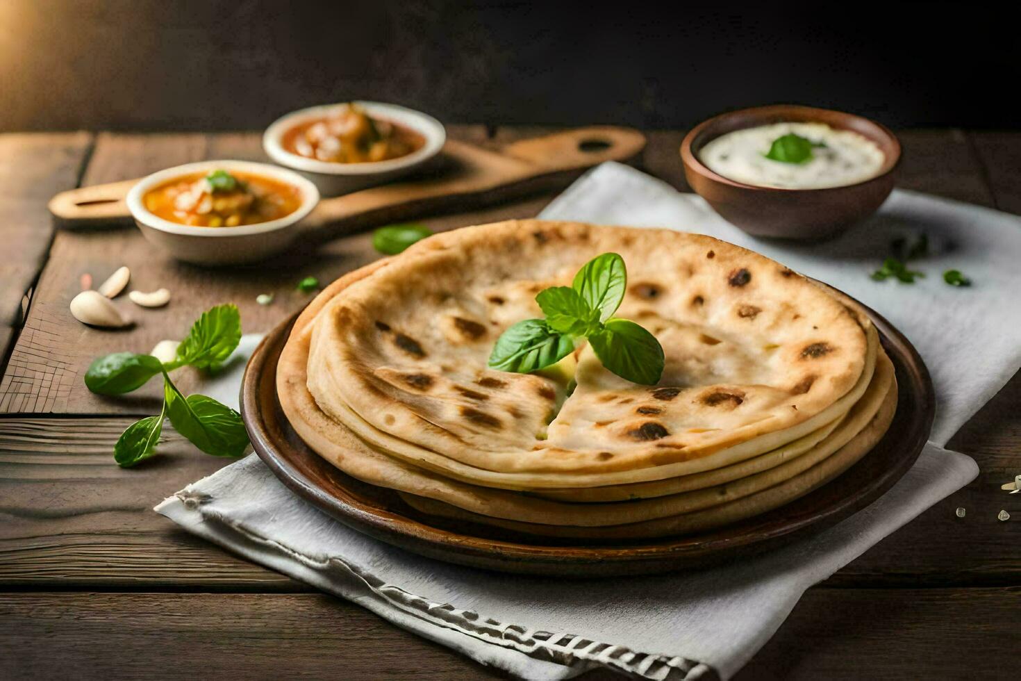 indian flatbreads on a wooden table. AI-Generated photo