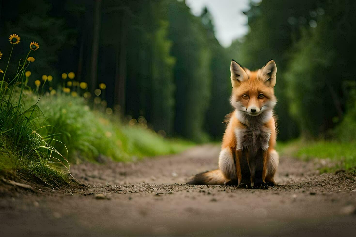a fox sits on the road in the forest. AI-Generated photo
