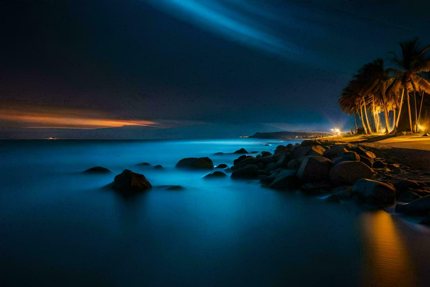 a long exposure photograph of a beach at night. AI-Generated photo