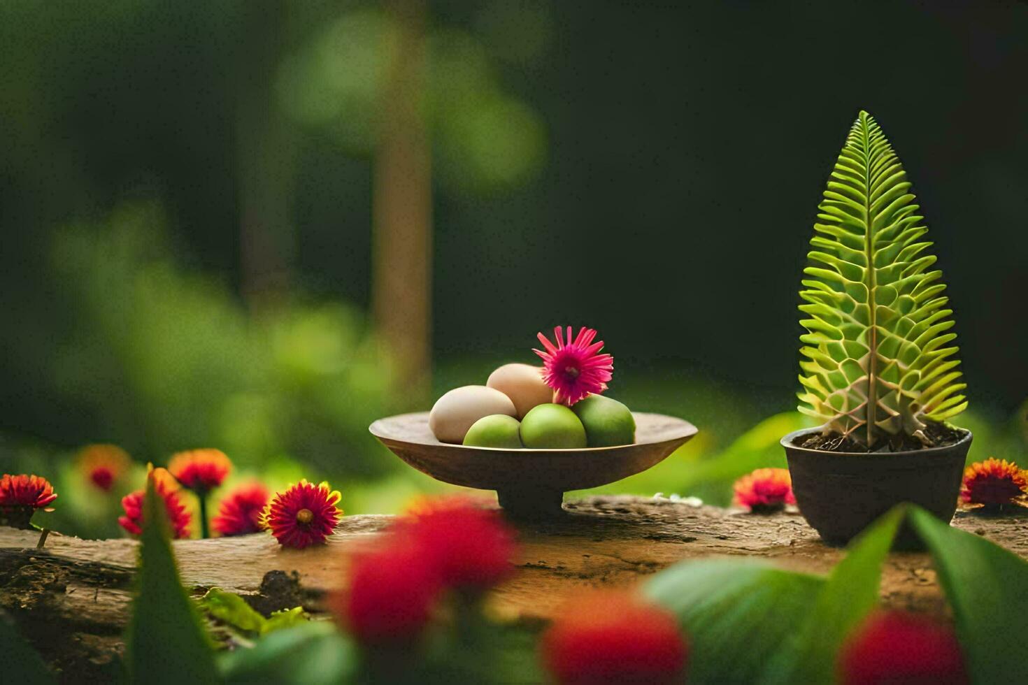 photo wallpaper flowers, the green, the fern, the bowl, the plant, the eggs. AI-Generated