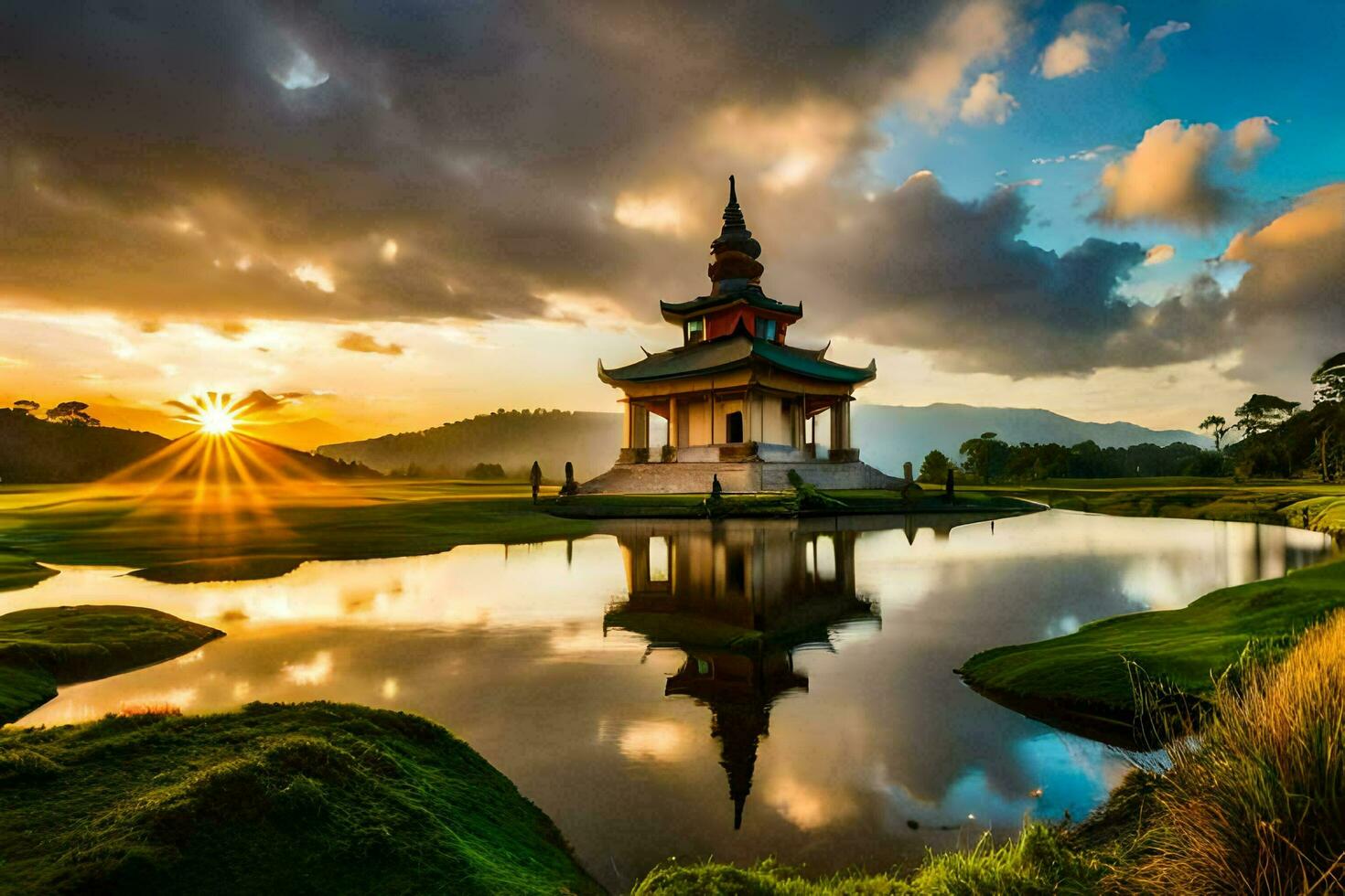 the sun rises over the pagoda in the middle of the lake. AI-Generated photo
