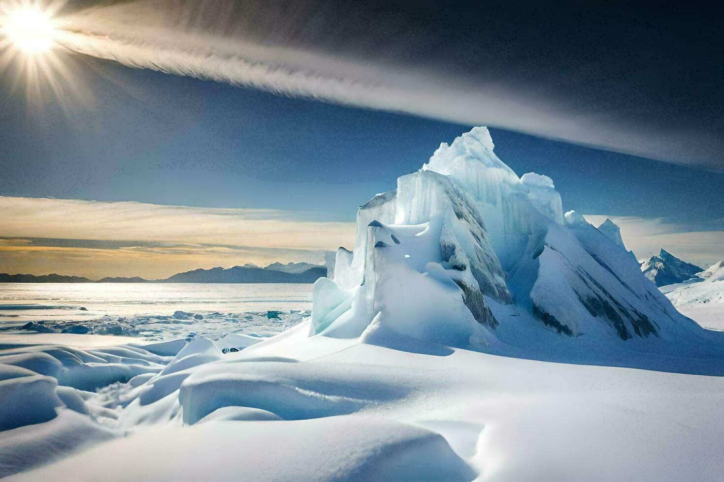 el Dom brilla brillantemente terminado un iceberg en el nieve. generado por ai foto