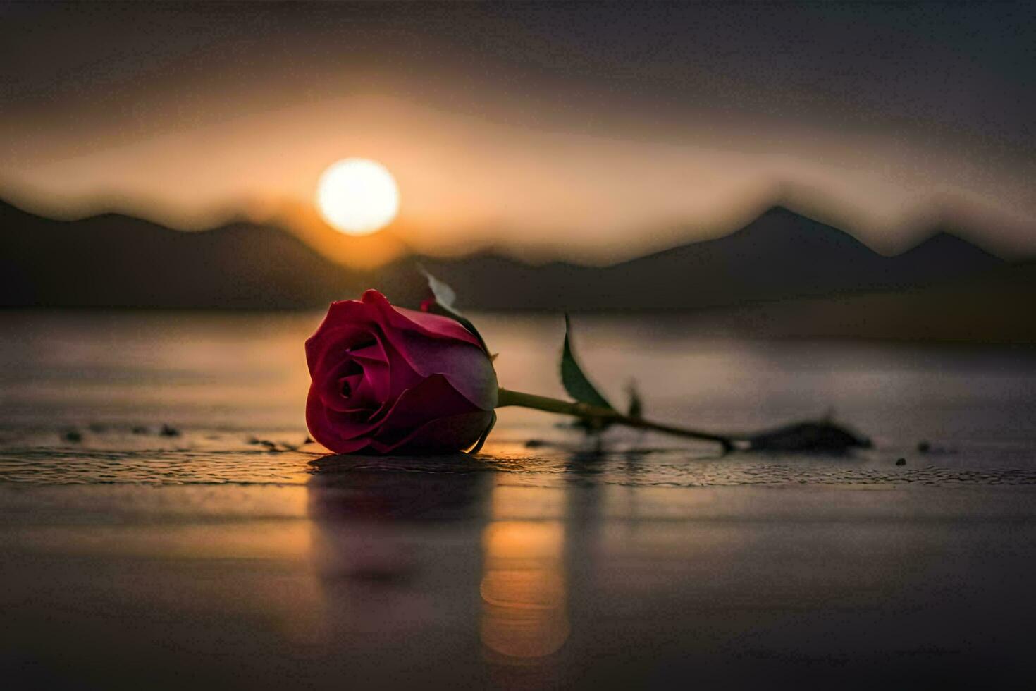 a single rose is sitting on the ground in front of the sun. AI-Generated photo