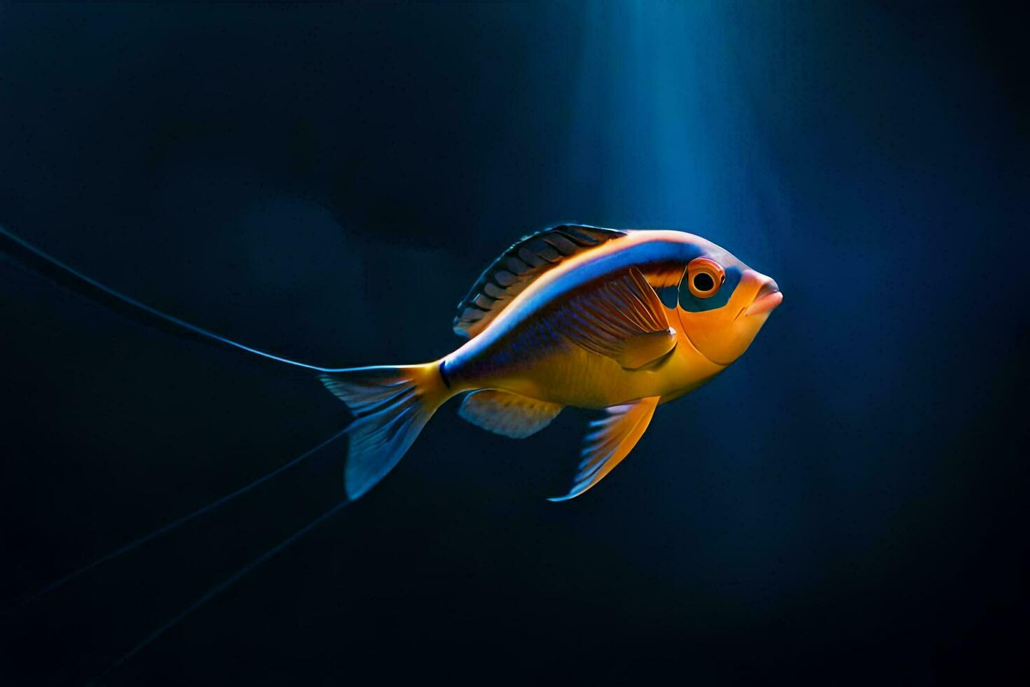 a fish with a blue and orange body swimming in the dark. AI-Generated photo