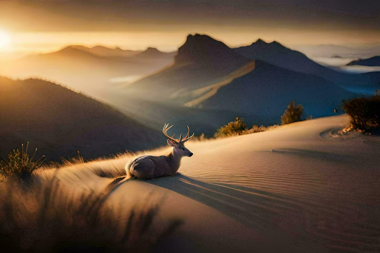 a deer sits on the sand in front of mountains. AI-Generated photo