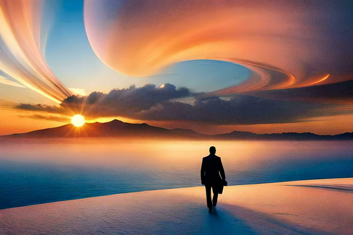 a man walking in the desert at sunset. AI-Generated photo