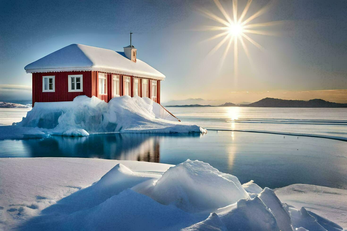 a red house sits on top of an iceberg in the middle of the ocean. AI-Generated photo