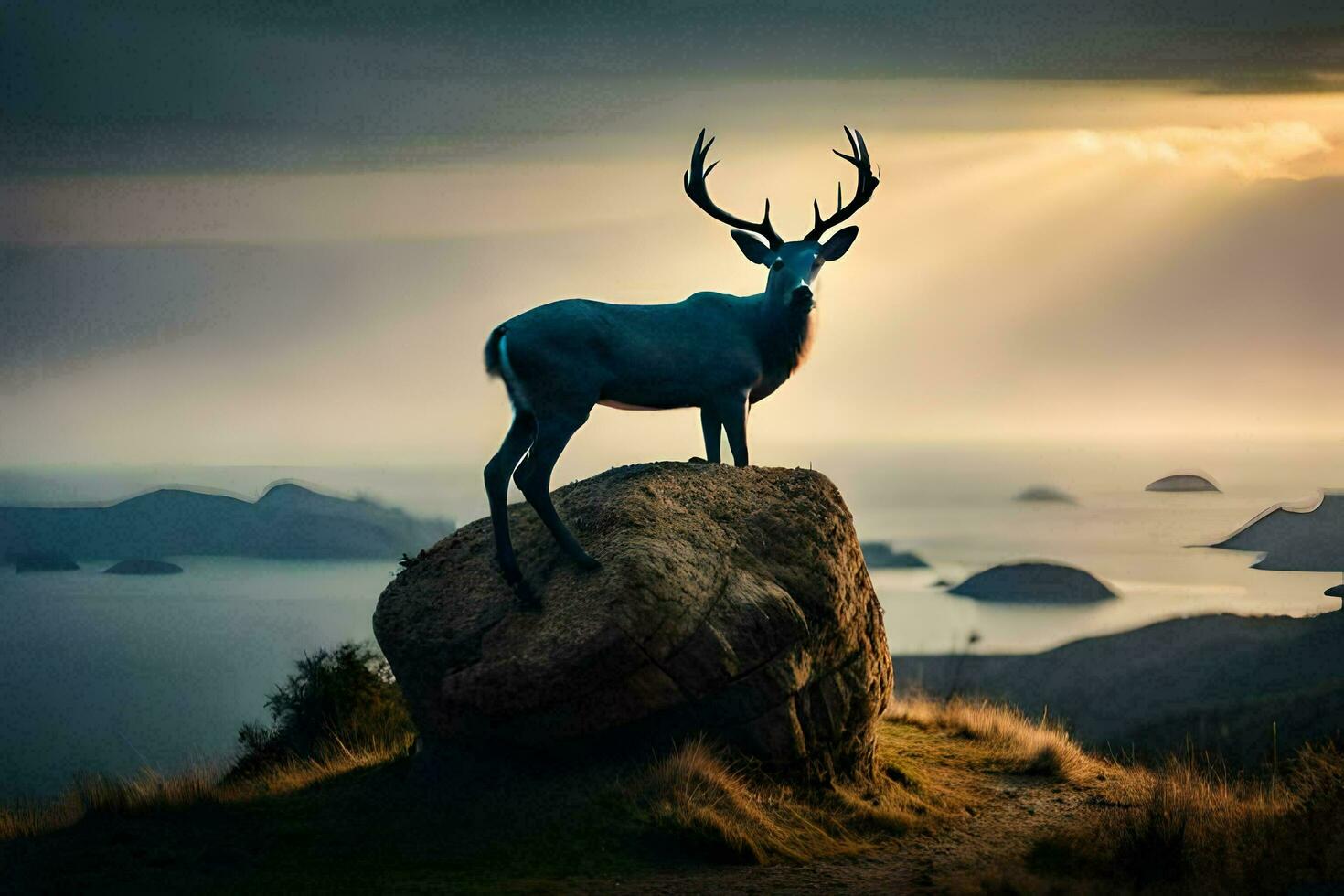 a deer stands on top of a rock overlooking the ocean. AI-Generated photo