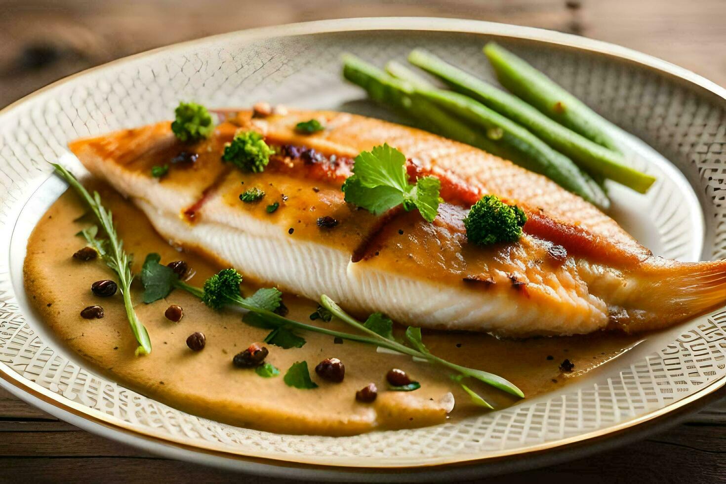 a fish fillet with sauce and green beans. AI-Generated photo