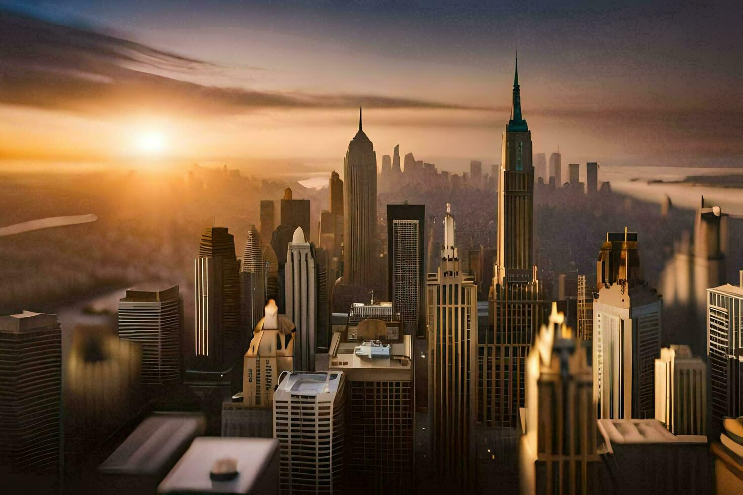 the sun rises over the city skyline in this photo. AI-Generated photo
