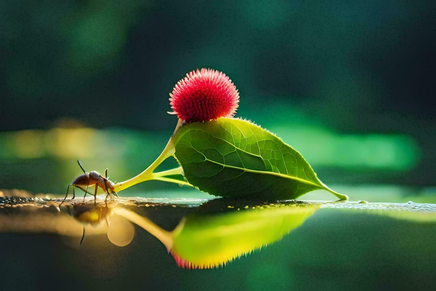 a bug and a flower on a leaf in water. AI-Generated photo