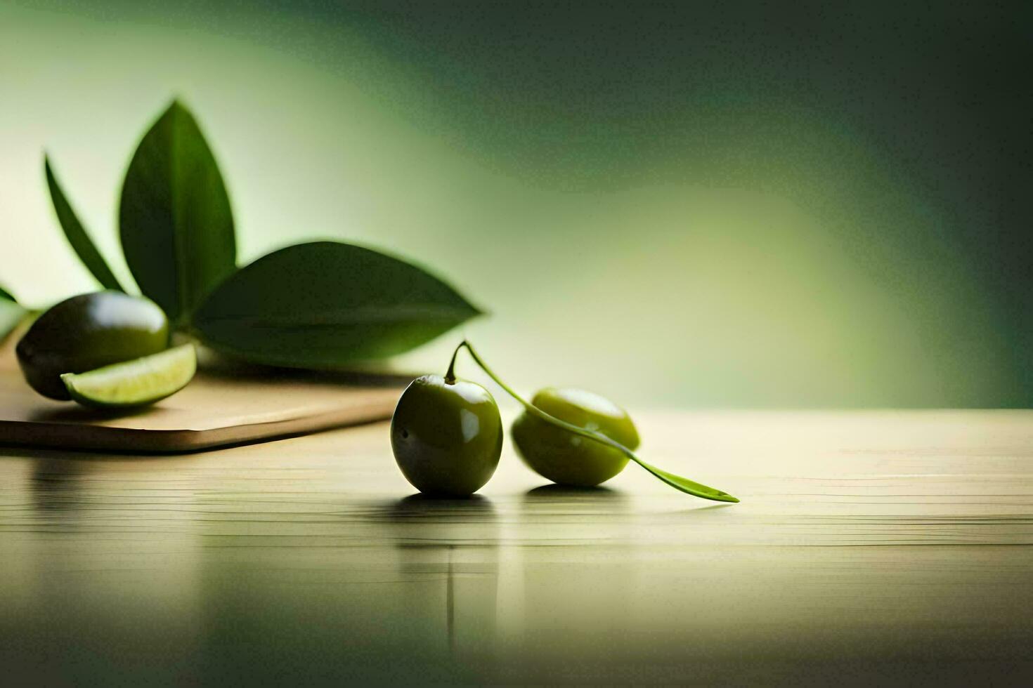 olives on a wooden table with green leaves. AI-Generated photo