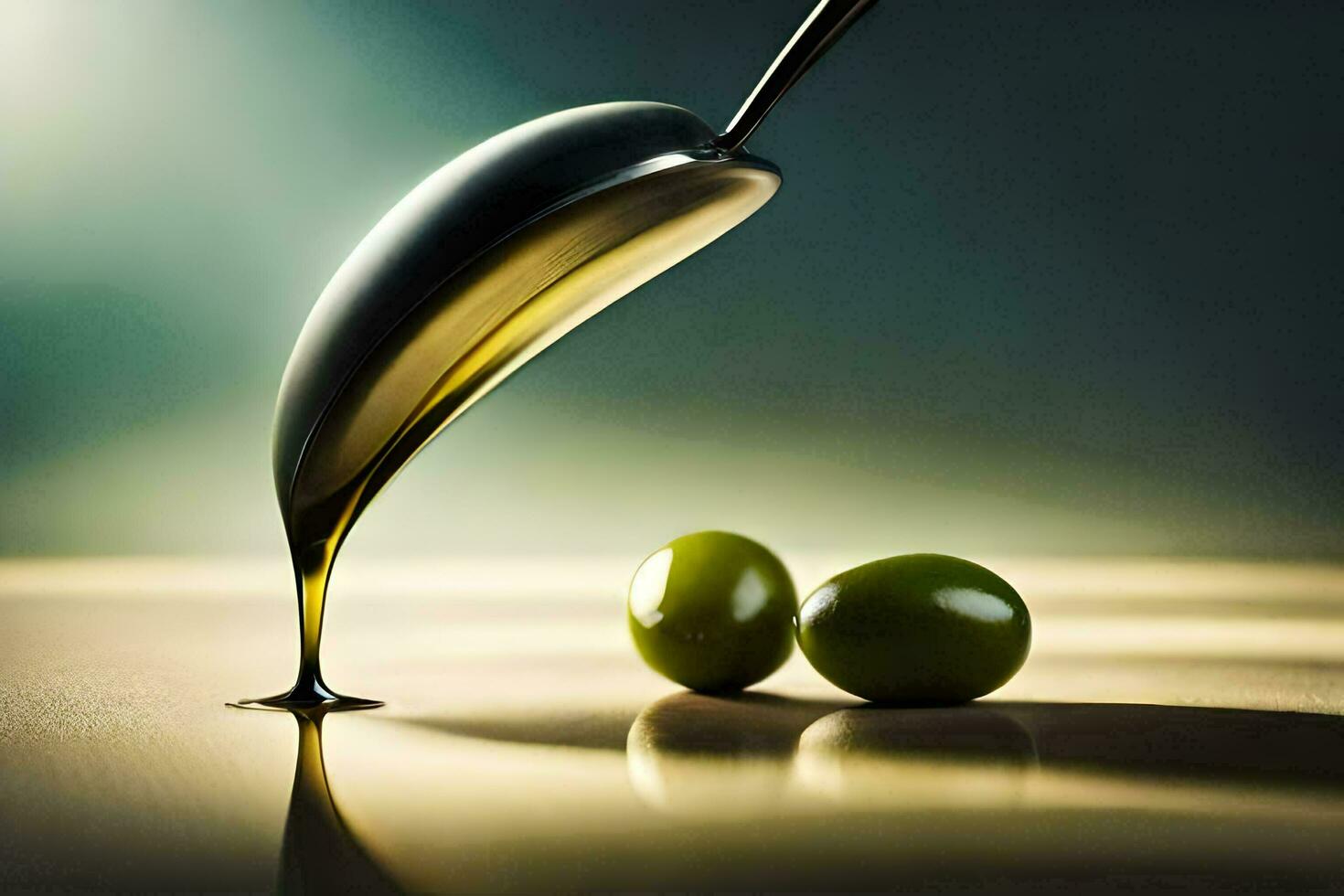 olive oil pouring over green olives on a wooden table. AI-Generated photo