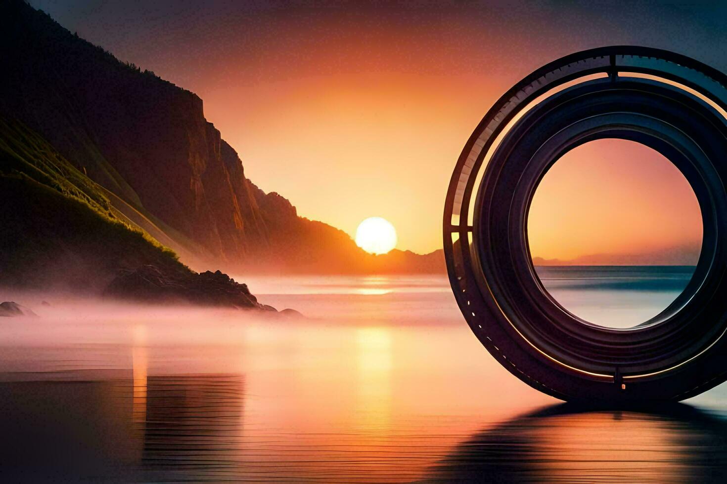 a circular lens on the beach at sunset. AI-Generated photo