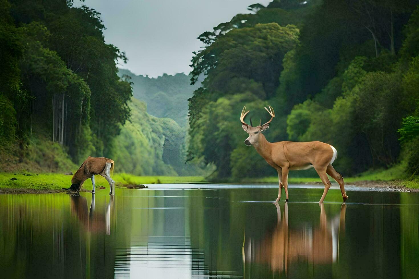 dos ciervo en pie en el agua cerca un río. generado por ai foto