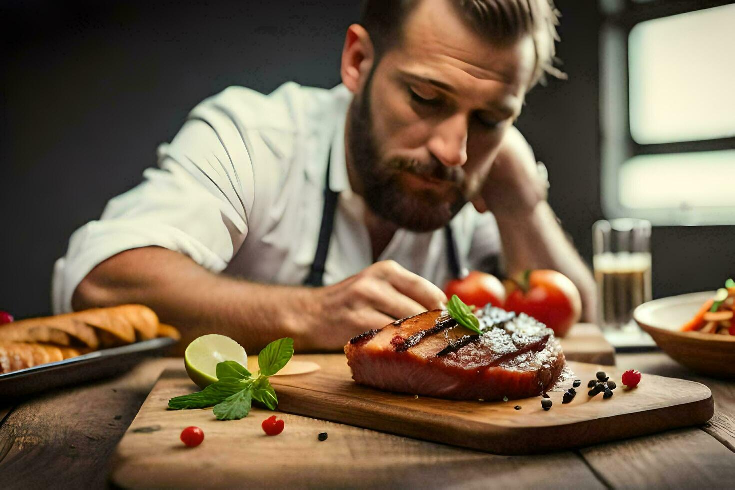 a man is cutting a piece of meat on a wooden cutting board. AI-Generated photo