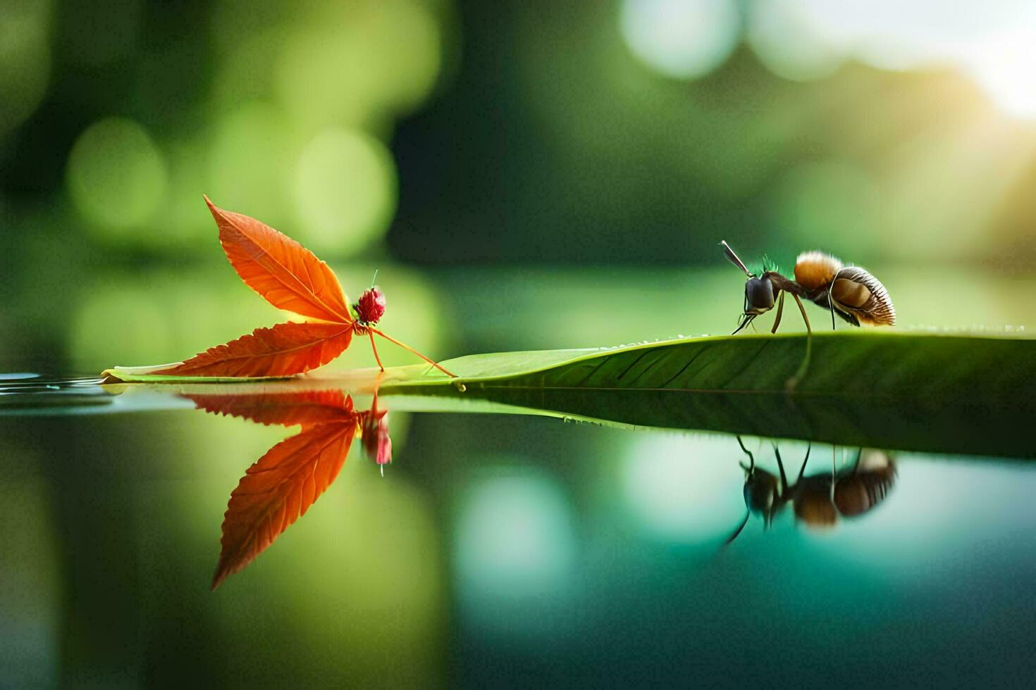 photo wallpaper the sky, water, leaves, insects, the sun, the leaves, the water. AI-Generated