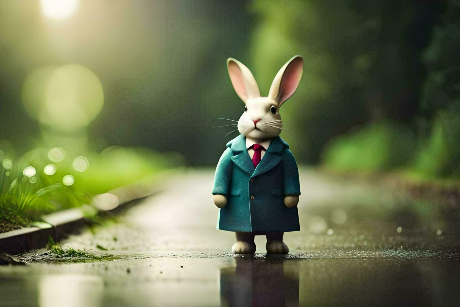 a rabbit in a suit and tie standing on a wet road. AI-Generated photo