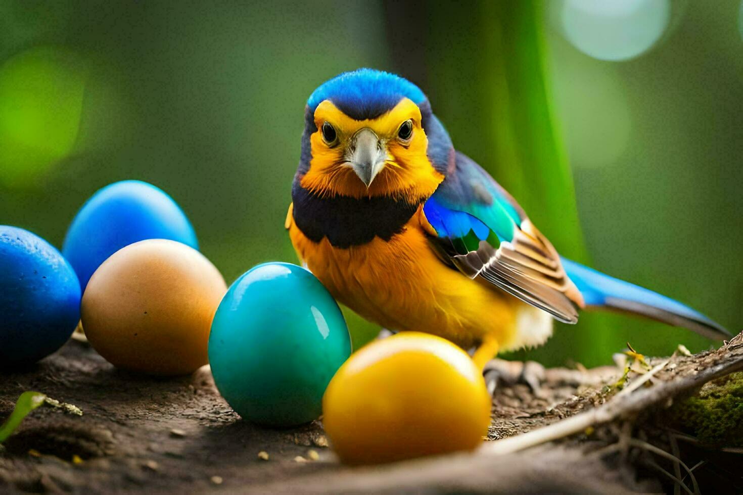 a colorful bird sits on top of a nest of colorful eggs. AI-Generated photo