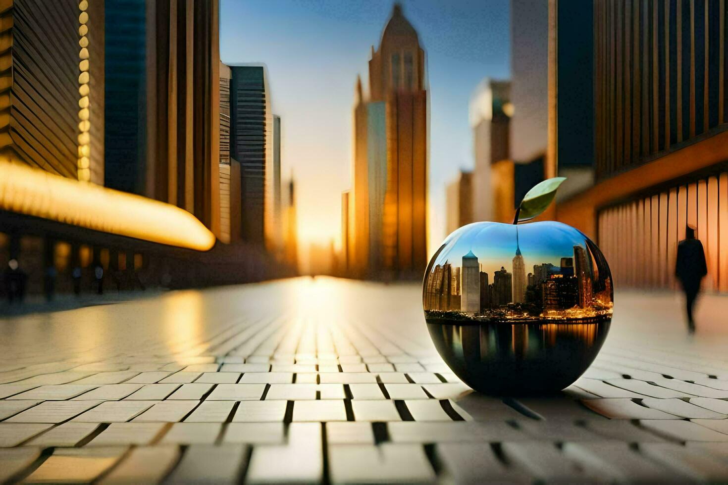 an apple sitting on the ground in front of a city. AI-Generated photo