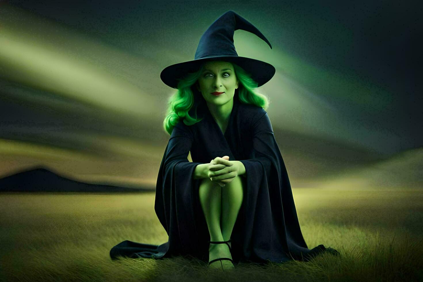 a woman in a witch costume sitting on the ground. AI-Generated photo