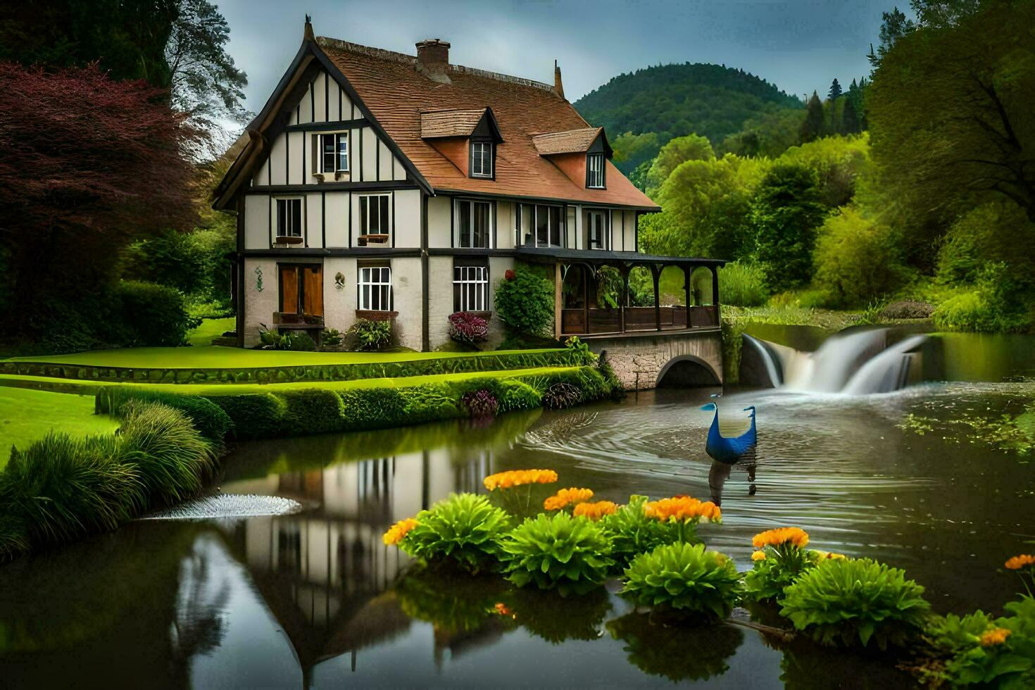 a house with a waterfall and a pond in the middle of a green field. AI-Generated photo