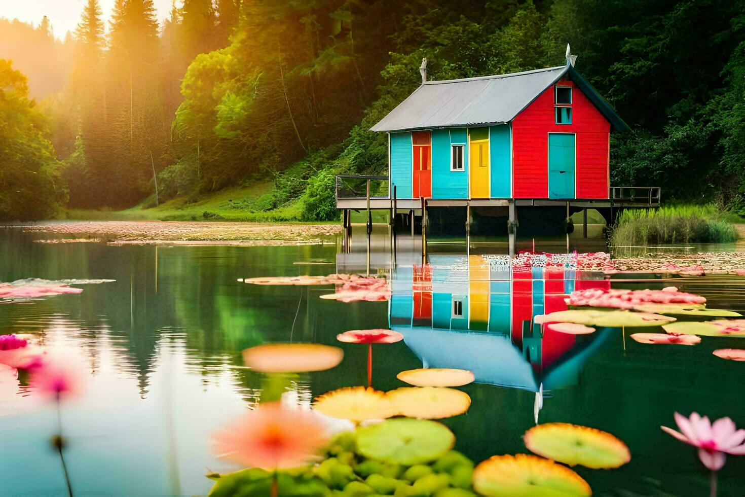 colorful house on lake surrounded by water lillies. AI-Generated photo