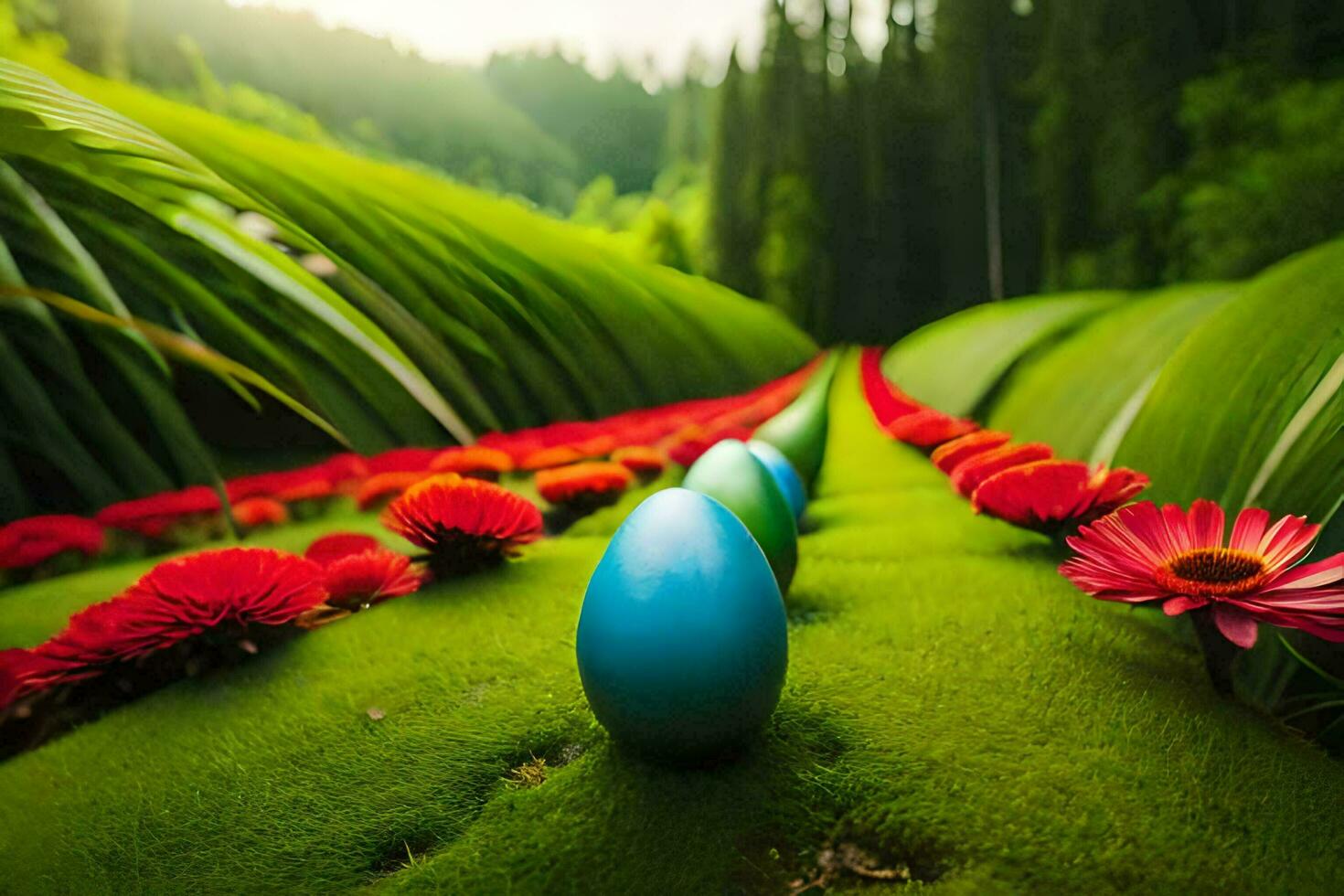 photo wallpaper the grass, flowers, trees, flowers, the road, the road, the road. AI-Generated