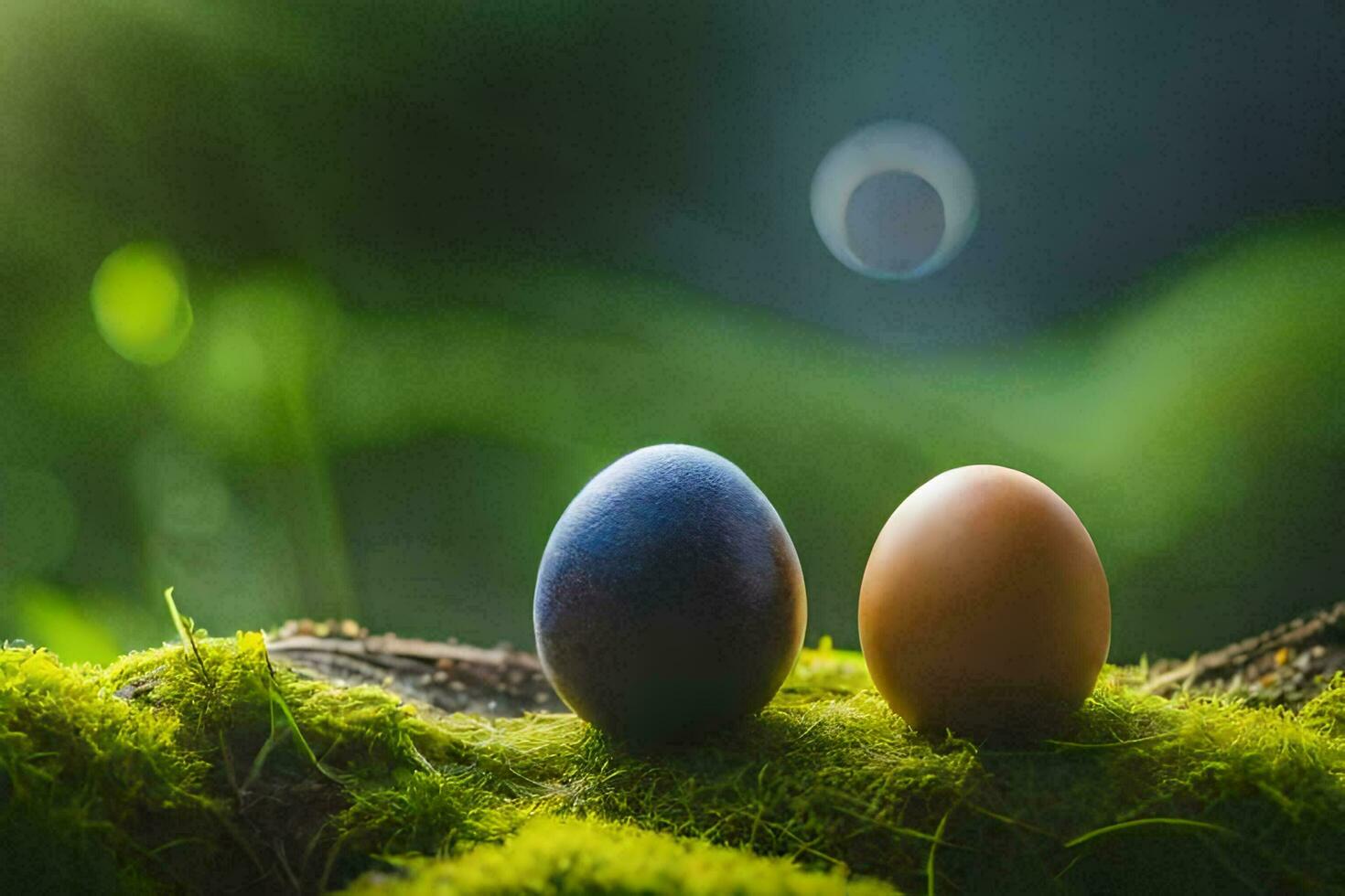 two eggs are sitting on a moss covered rock. AI-Generated photo