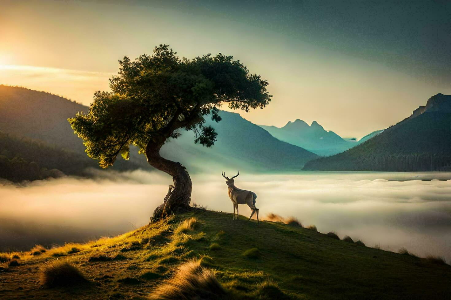 the deer is standing on the grassy hill with the sun rising behind it. AI-Generated photo
