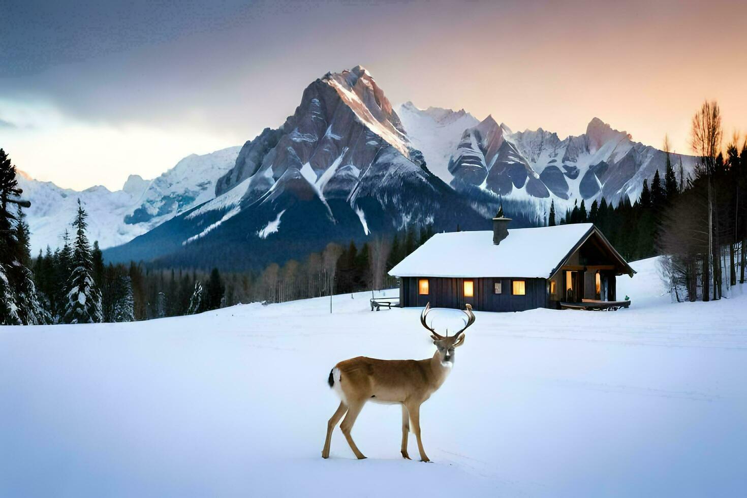 a deer stands in front of a cabin in the snow. AI-Generated photo