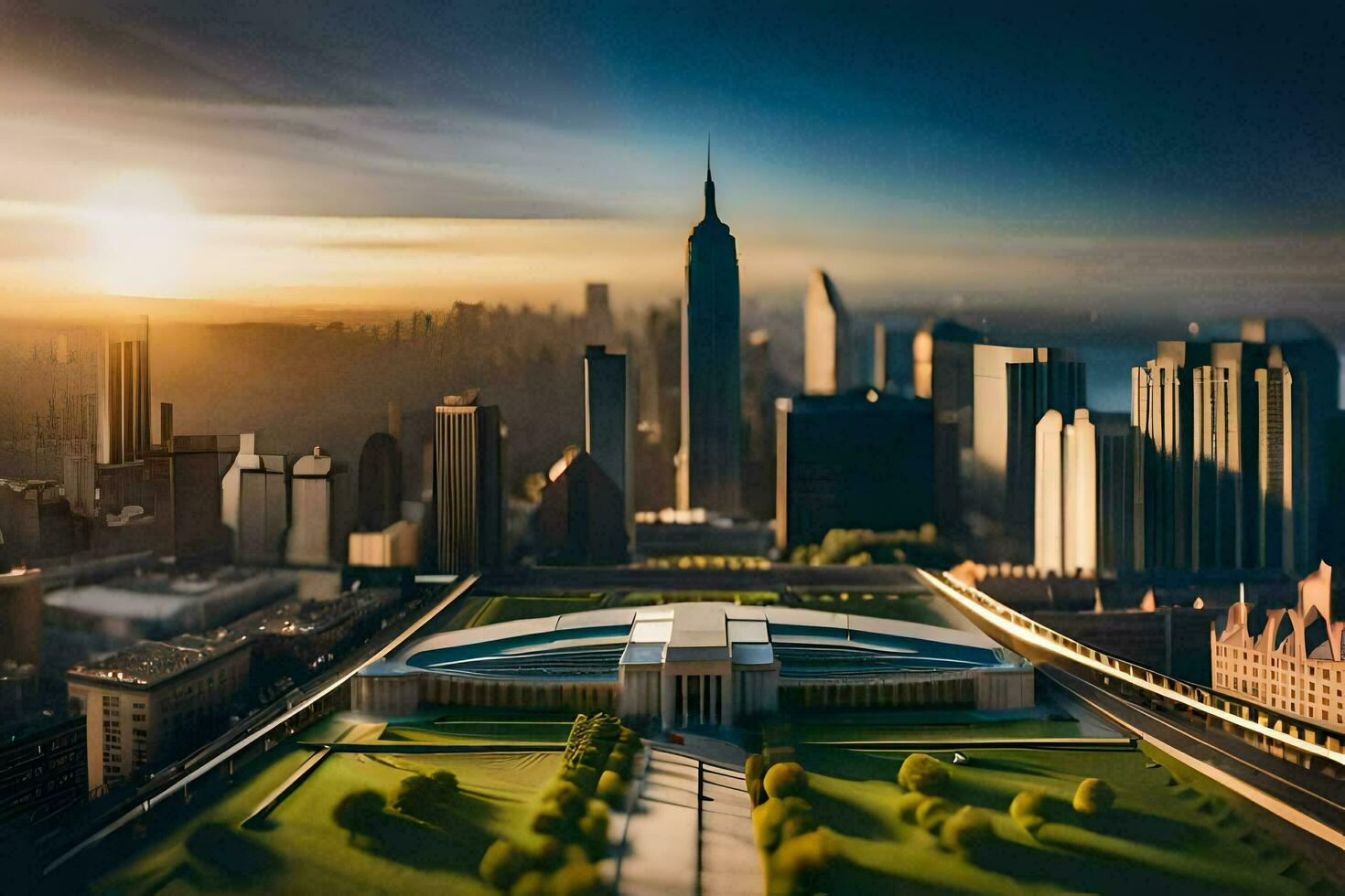 a miniature city with a large building in the foreground. AI-Generated photo
