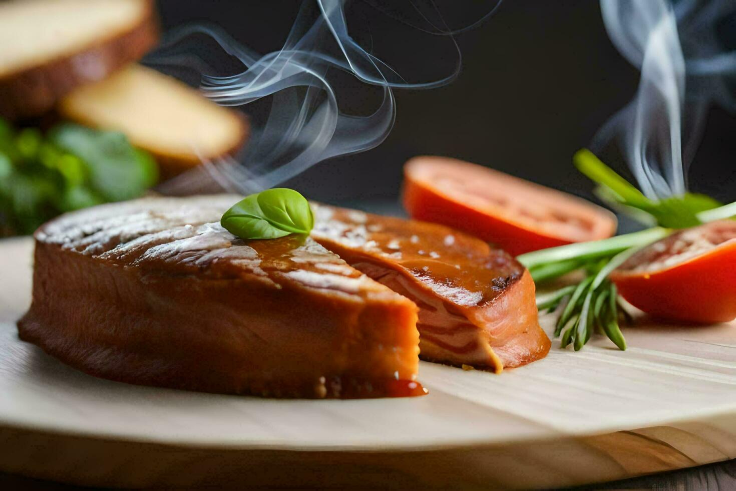 a piece of meat with smoke coming out of it. AI-Generated photo