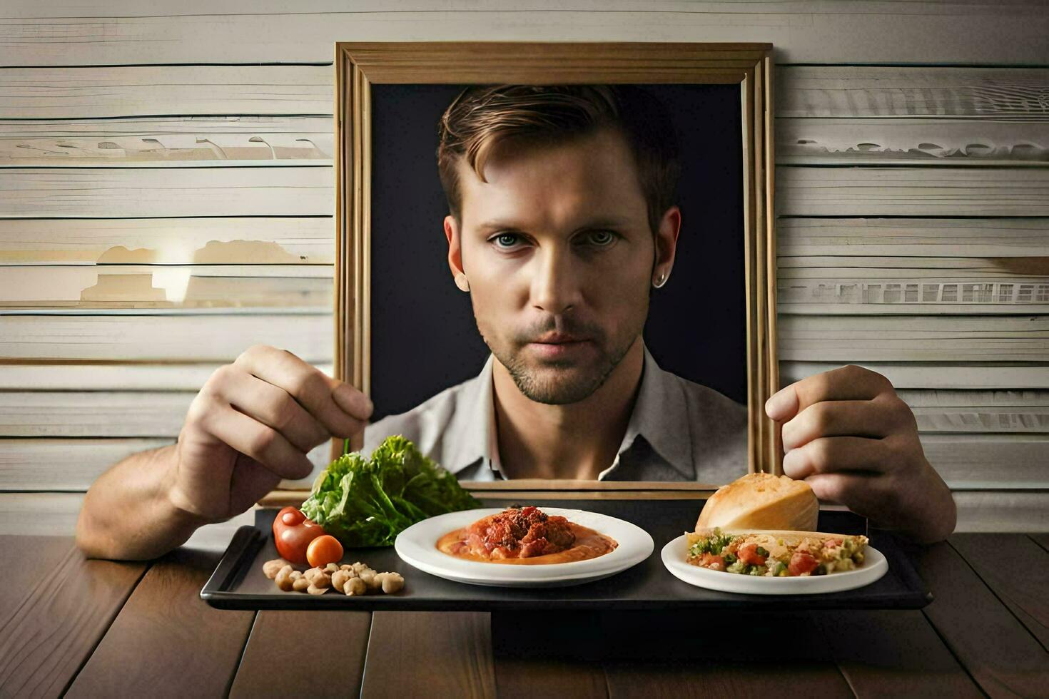 un hombre participación un plato con comida y un imagen de él mismo. generado por ai foto