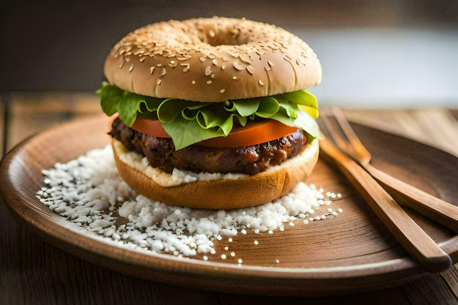 a hamburger on a bagel with salt. AI-Generated 32243717 Stock Photo at ...