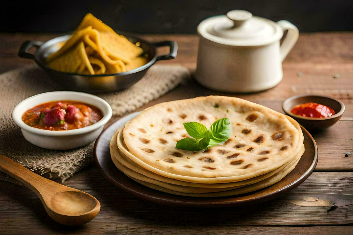 indian food on a wooden table. AI-Generated photo